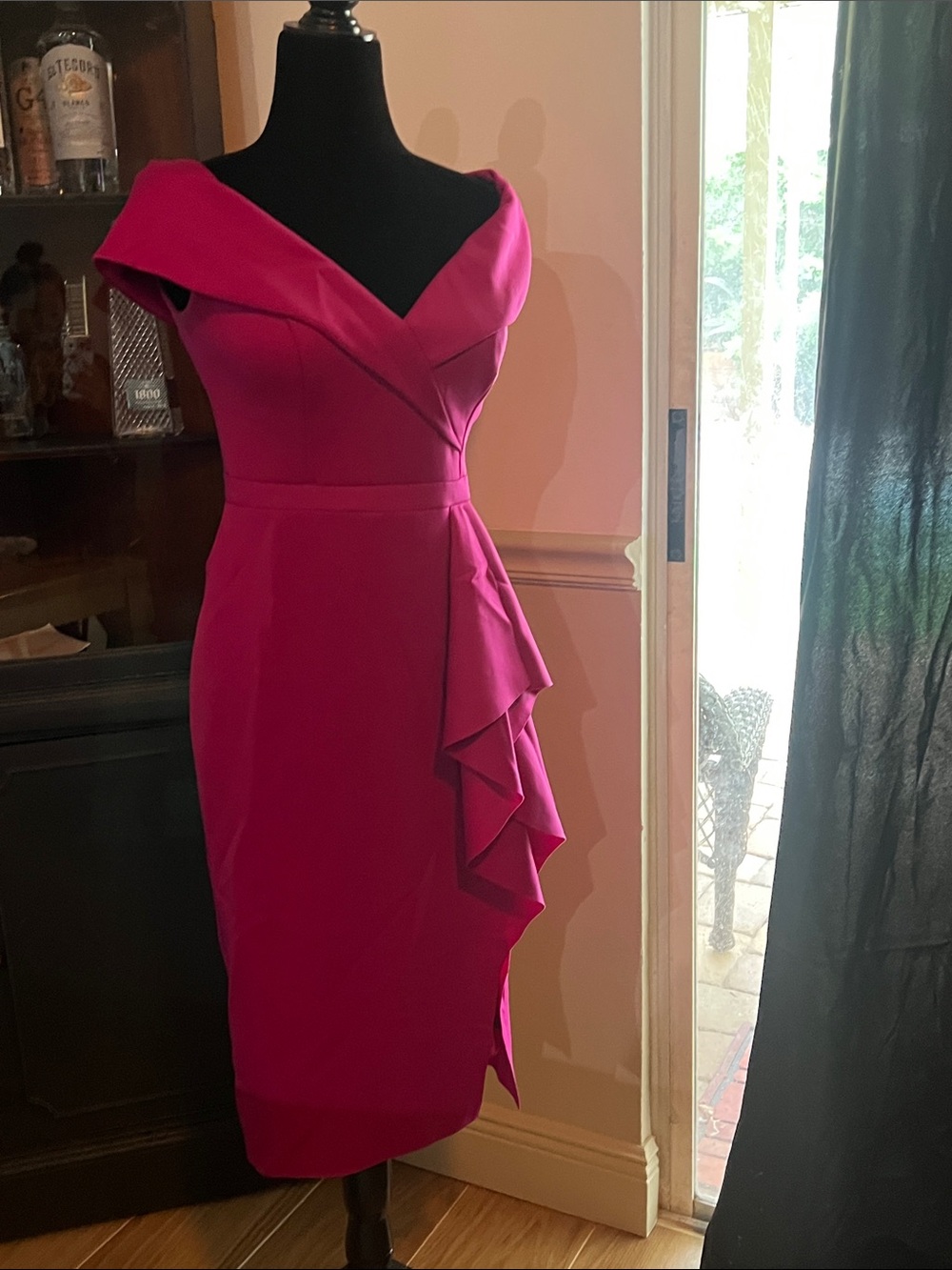 Xscape Fuchsia One-Shoulder Sheath Dress with Side Ruffle